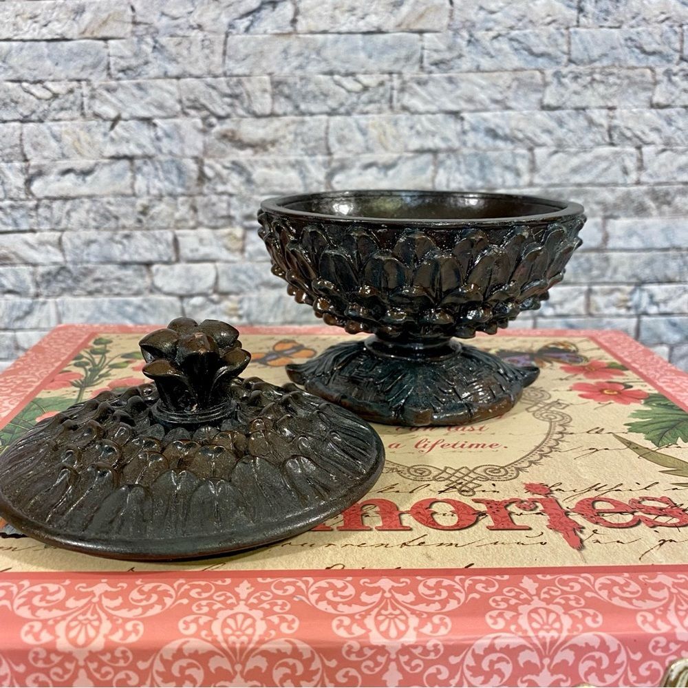 Vintage Alter Bowl Matching Lid Sculpted Resin Ornate Heavy Brown
